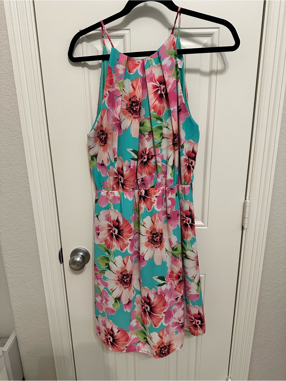 Pink Lily Floral Halter Dress in Turquoise and Pink